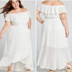 Lane Bryant Plus 14/16 Eyelet High Low Hem Off Shoulder Dress White Ruffles